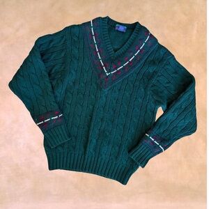 Woodward Deep Green Cable-Knit V-Neck Sweater with Contrast Stitching
